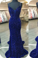 2024 Royal Blue Sequin Beaded Mermaid Prom Dresses Spaghetti Straps