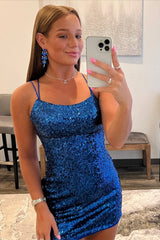 Royal Blue Sequin Bodycon Mini Homecoming Dress Short Party Dress HD0171