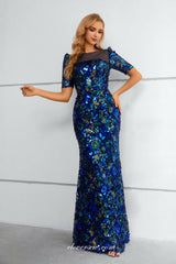 Royal Blue Sequined Lace Half Sleeves Mermaid Formal Dresses, CP0919