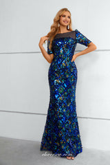 Royal Blue Sequined Lace Half Sleeves Mermaid Formal Dresses, CP0919