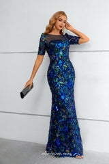 Royal Blue Sequined Lace Half Sleeves Mermaid Formal Dresses, CP0919