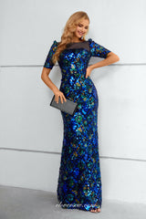 Royal Blue Sequined Lace Half Sleeves Mermaid Formal Dresses, CP0919