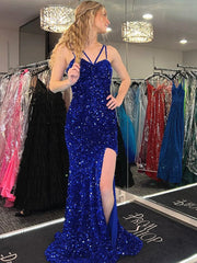 Royal Blue Sequins Mermaid Long Prom Dress, Royal Blue Mermaid Long Formal Evening Dresses