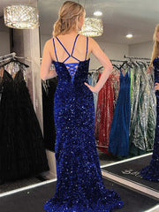 Royal Blue Sequins Mermaid Long Prom Dress, Royal Blue Mermaid Long Formal Evening Dresses