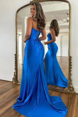 Wholesale Mermaid Royal Blue Strapless Lace Up Long Satin Prom Dress With Split prom dresses with long sleeves