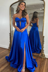 Wholesale Royal Blue Sweetheart Zipper Back Long Satin Prom Dress With Split long prom dresses with sleeves