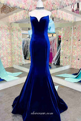 Royal Blue V-neck Strapless Mermaid With Light Blue Bowknot Prom Dresses, CP1062