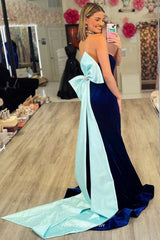 Royal Blue V-neck Strapless Mermaid With Light Blue Bowknot Prom Dresses, CP1062