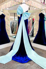 Royal Blue V-neck Strapless Mermaid With Light Blue Bowknot Prom Dresses, CP1062