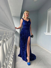 Royal Blue Velvet Sequin Prom Dresses V Neck Mermaid Slit Women Dress