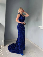 Royal Blue Velvet Sequin Prom Dresses V Neck Mermaid Slit Women Dress
