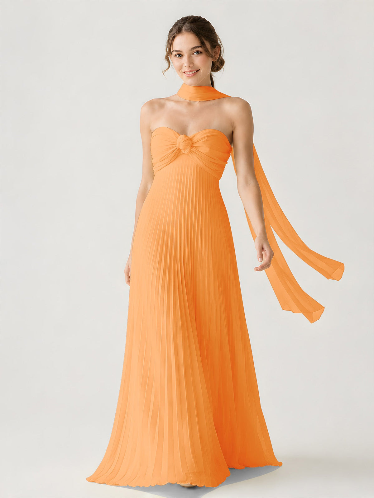 Pleated Chiffon Strapless Maxi Dress with Neck Scarf Orange