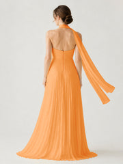 Pleated Chiffon Strapless Maxi Dress with Neck Scarf Orange