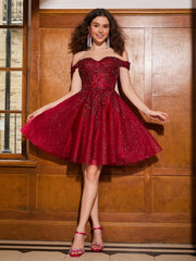 Off-the-shoulder Appliqued Corset Tulle Dress Burgundy