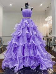 Ruffled Organza Purple Long Prom Dress, Ruffled Organza Long Purple Formal Graduation Dresses