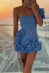Ruffled Short Party Dress One Shoulder Green Homecoming Dress TN444