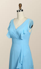 Blauwe chiffon ruches lange bruidsmeisje jurk
