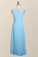 Blauwe chiffon ruches lange bruidsmeisje jurk