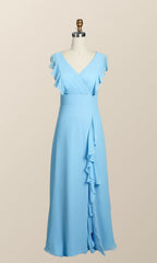 Blauwe chiffon ruches lange bruidsmeisje jurk
