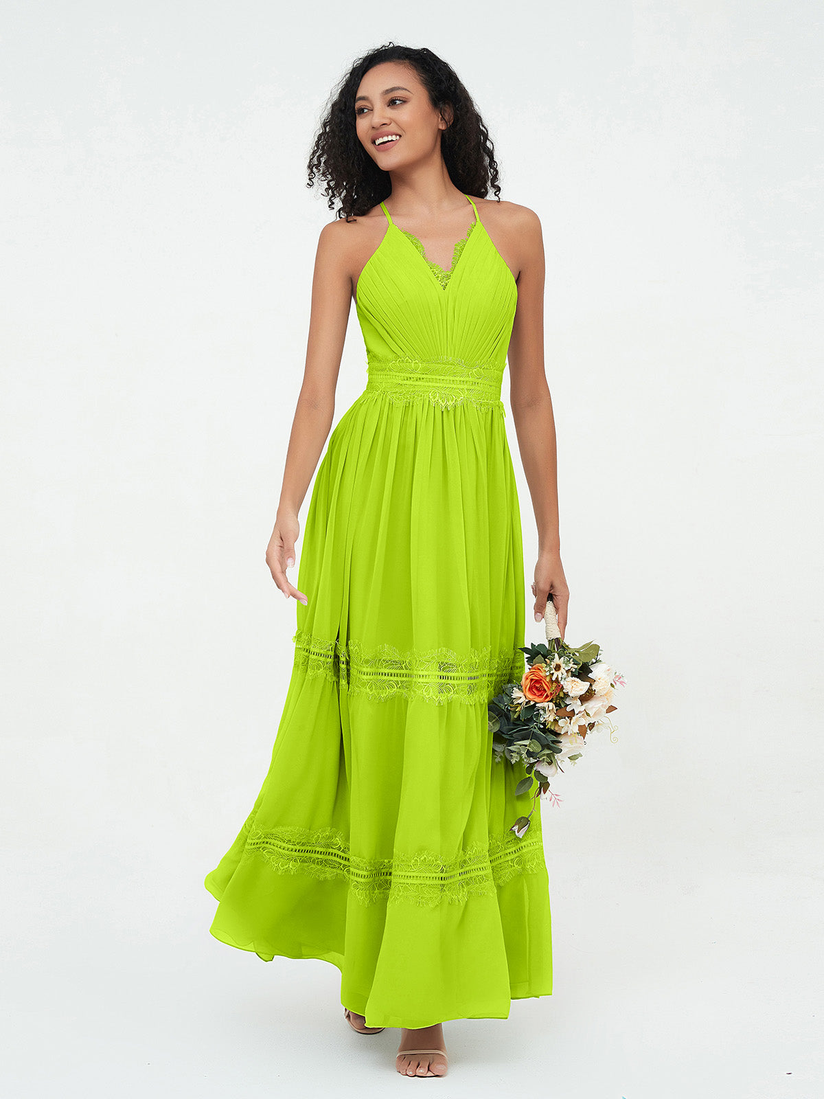 Lace and Chiffon Tiered Skirt Boho Dresses-Lime Green