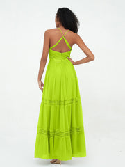 Lace and Chiffon Tiered Skirt Boho Dresses-Lime Green
