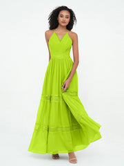 Lace and Chiffon Tiered Skirt Boho Dresses-Lime Green