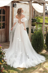 Boho Off The Shoulder V-neck 3D Flower A Line Wedding Dresses Side Slit Custom Made Bridal Gown
