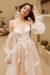 Light Champagne Detachable Long Puff Sleeves V-neck Lace Applique Boho Beach A Line Wedding Dresses Custom Made