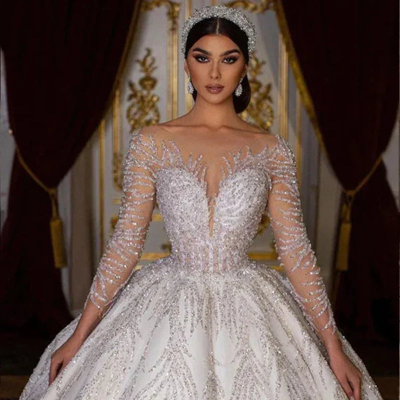 Customized Romantic Ball Gown Wedding Dress Luxury O-neck Beading Bridal Gown