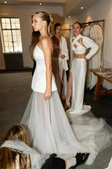 Simple Satin Tulle Strapless Boho Wedding Gown with Court Train Bridal Dress