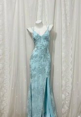 Fairy Blue Prom Dress Sequins Spaghetti Straps  Sheath Evening Dress S1054
