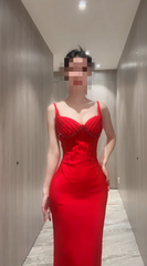 Elegant Red Prom Dress Satin Spaghetti Straps  Sheath Evening Dress S1055