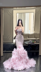 Elegant Pink Prom Dress Tulle Spaghetti Straps Mermaid Evening Dress S1057