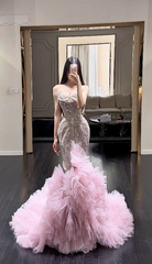 Elegant Pink Prom Dress Tulle Spaghetti Straps Mermaid Evening Dress S1057