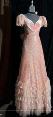 Elegant Pink Prom Dress Sequins V-neck A-Line Evening Dress S1058