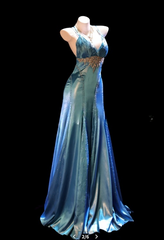 Chic Blue Prom Dress Satin Halter Sheath Evening Dress S1070