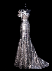 Chic Silver Prom Dress Sequins Strapless Mermaid Evening Dress S1078