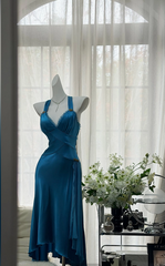 Chic Blue Prom Dress Satin Party Dress Halter A-Line Evening Dress S1080