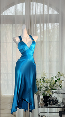 Chic Blue Prom Dress Satin Party Dress Halter A-Line Evening Dress S1080