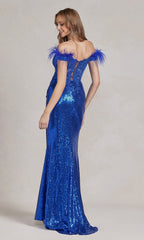 Sequin Prom Dress with Off-Shoulder Feather Straps