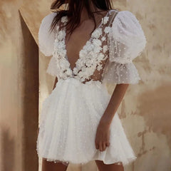 Customized Short Wedding Dress With Plunging V-Neck Pearls Flowers Mini Bridal Gown