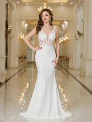 MisShow Elegant Straps Mermaid Wedding Dresses Lace Pearls Backless V Neck Sleeveless Gowns