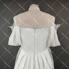 Customized Illusion Tulle Off Shoulder Lace Wedding Gowns A Line Long Sleeves Ruched Satin Bridal Dress