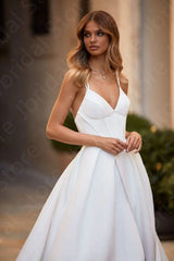Customized Modern Wedding Dresses V Neck Straps Side Slit Gown
