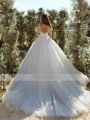 Modern Glitter Tulle Wedding Dresses Long Sleeves V Neck Bridal Gowns for Bride