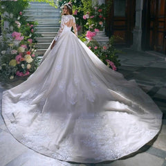A Line High Neck Wedding Dress Long Sleeve Appliques Lace Beads