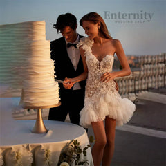 Customized A Line Applique Beading Wedding Dress Button Sexy V-neck One Shoulder Short Bridal Gown