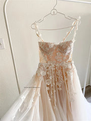 Charming Two Straps 3D Flower Lace Applique Bridal Gown A Line Wedding Dresses Custom Made