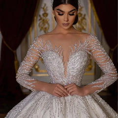 Customized Romantic Ball Gown Wedding Dress Luxury O-neck Beading Bridal Gown