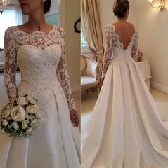 Elegant Backless Lace Satin Wedding Dress Long Sleeve Vintage Bridal Gown Custom Made